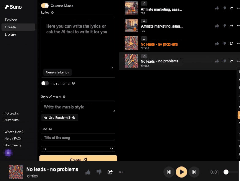 Custom mode in the 'create' section