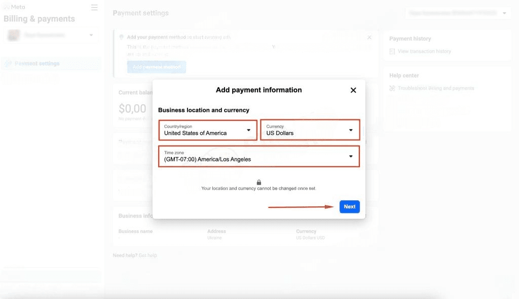 payment information window