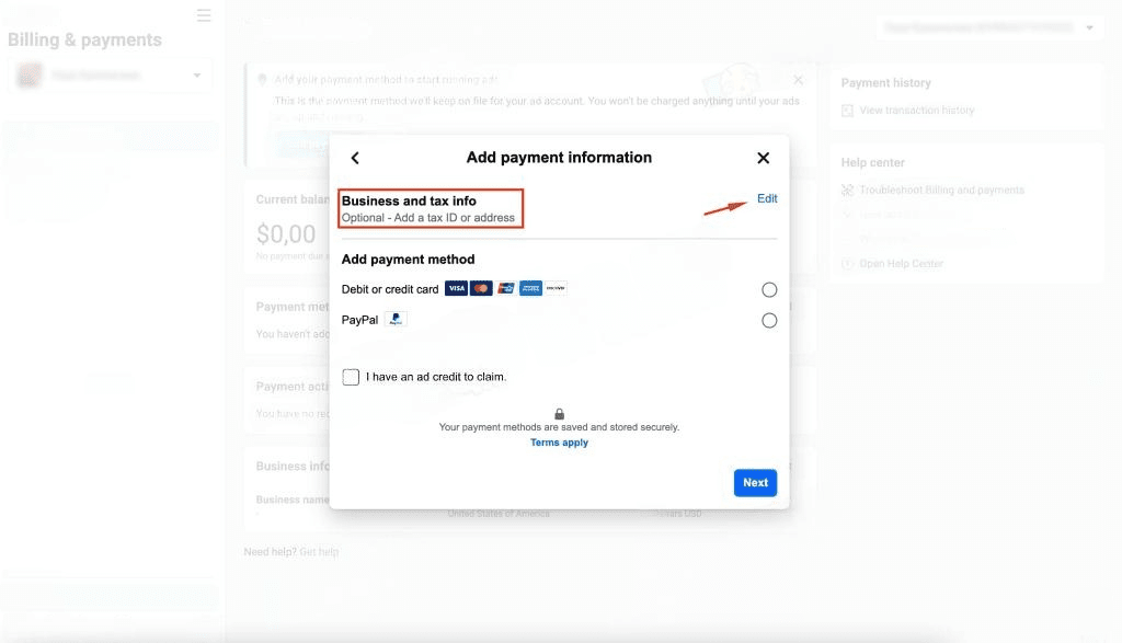 payment information window