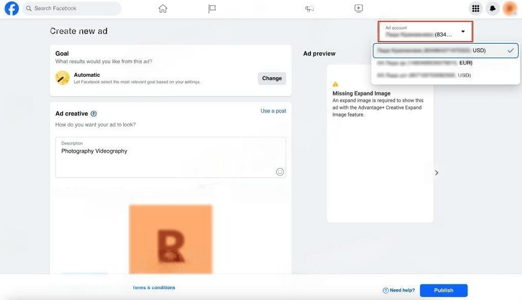 'create new ad' section