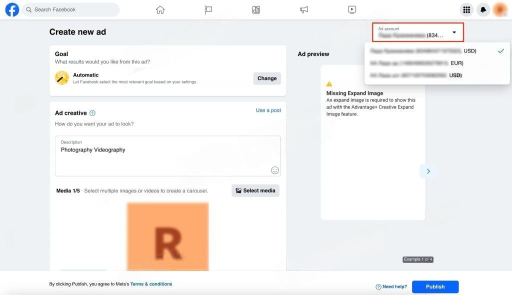 'create new ad' section
