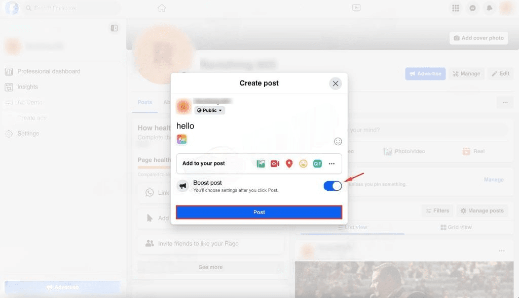 'create post' window