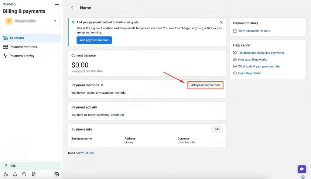The "Add payment method" tab