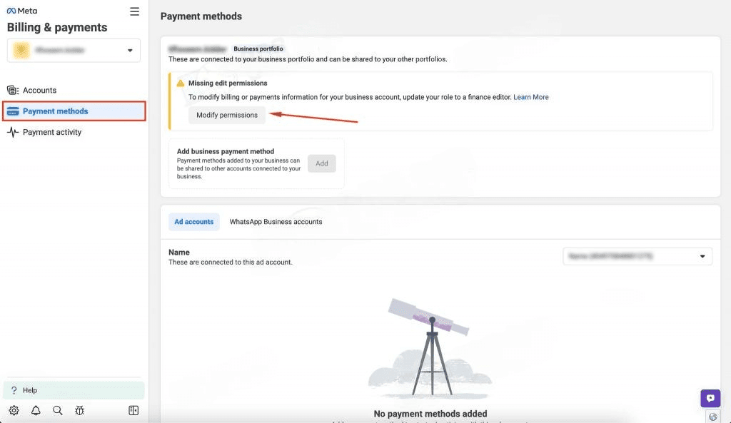 'modify permissions' button