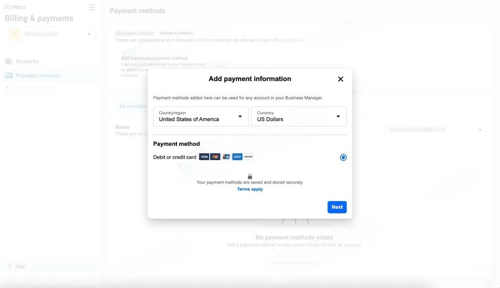 'add payment information' window