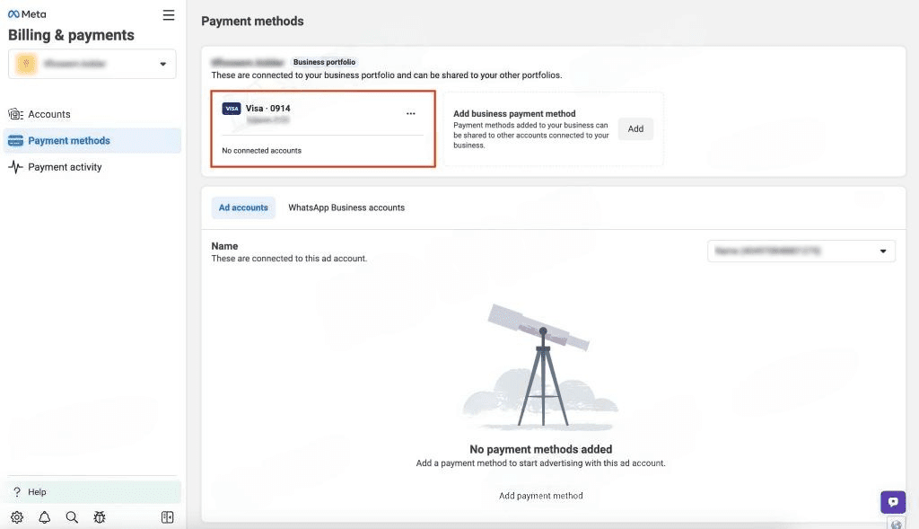 'payment methods' section
