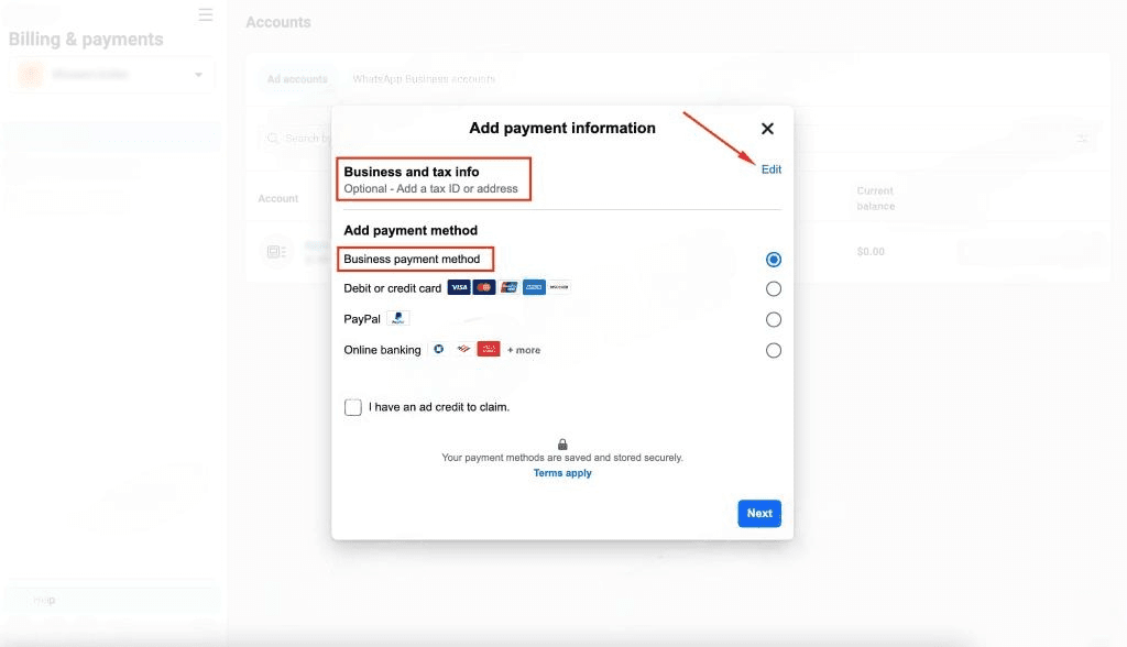 'add payment information' window