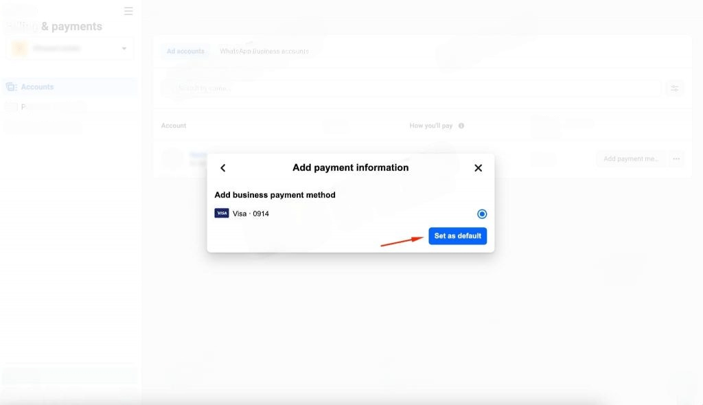 'add payment information' window