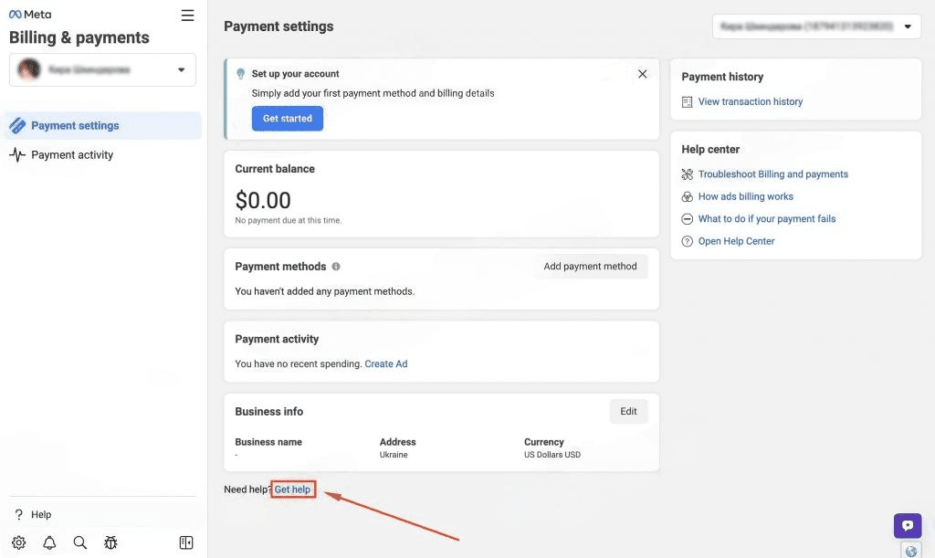 facebook 'billing and payments' section