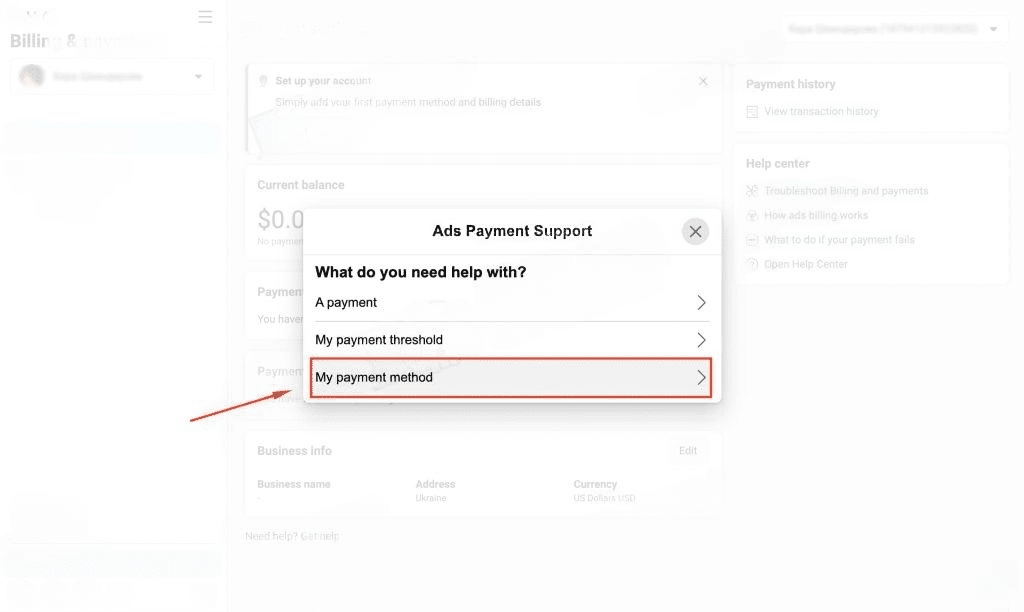 'ads payment support' window