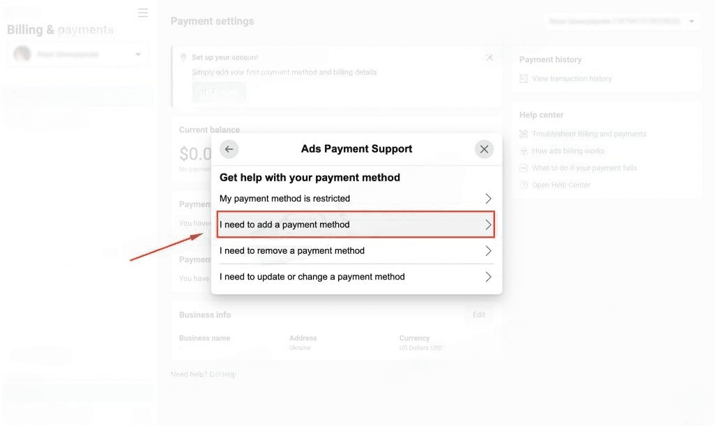 'ads payment support' window