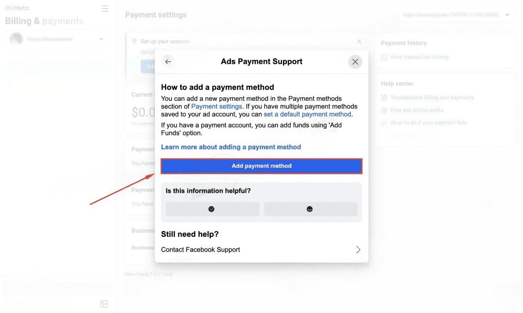 'ads payment support' window