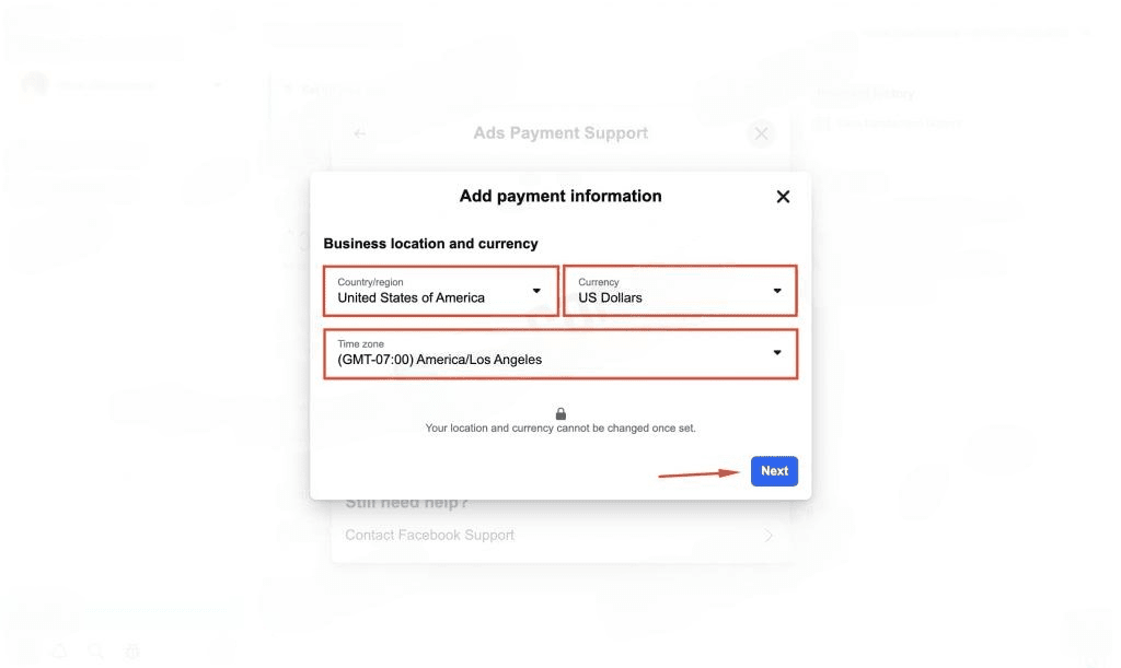 'add payment information' window