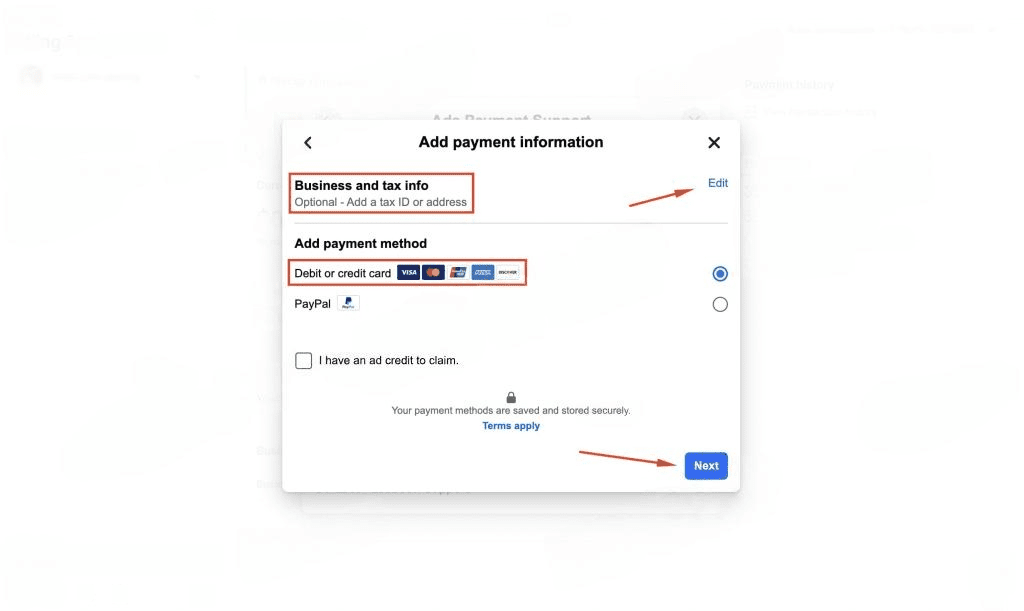 'add payment information' window