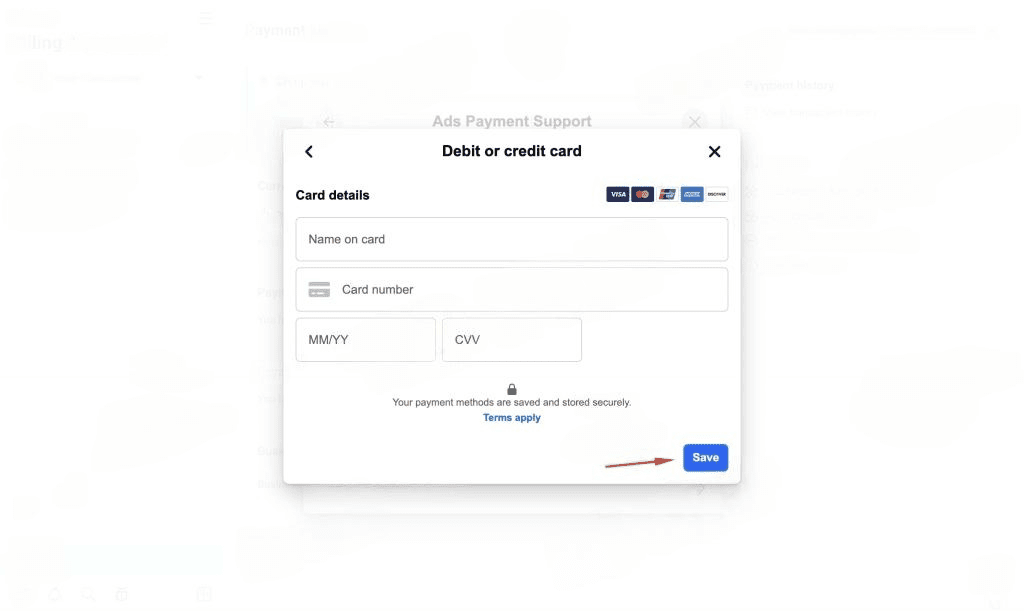 'debit or credit card' window