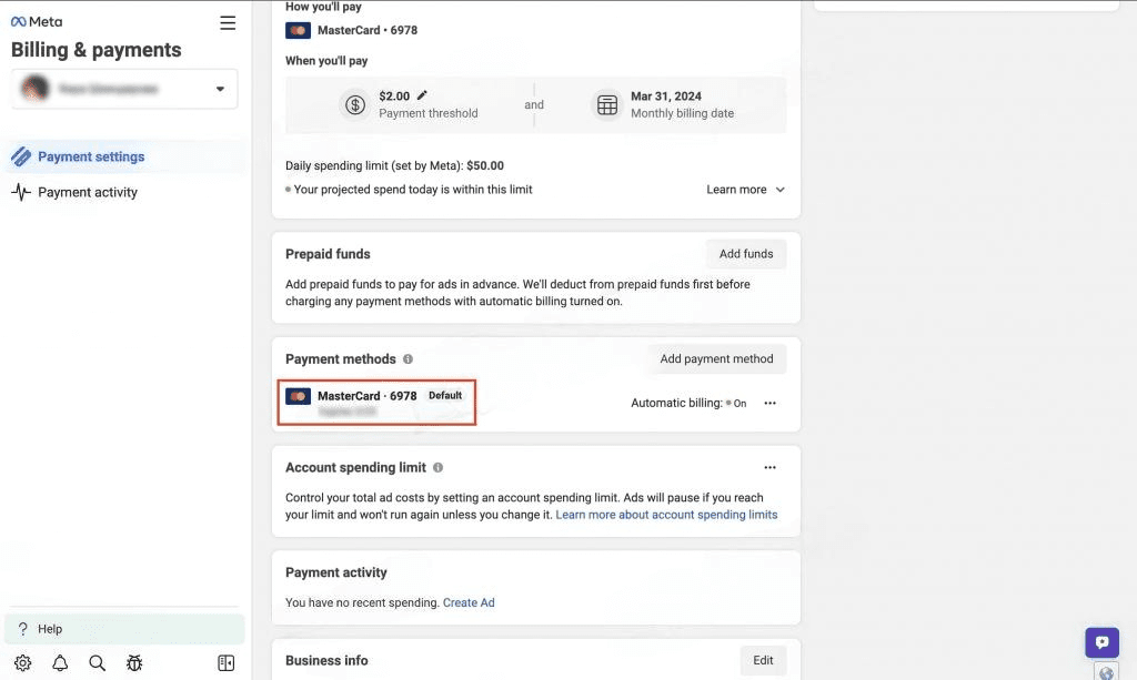 facebook 'billing and payments' section