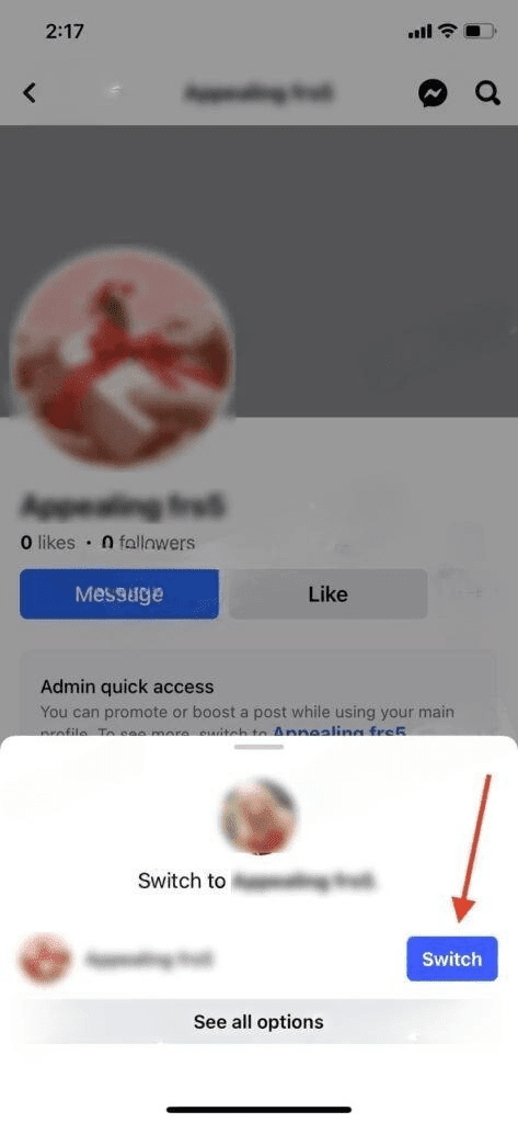 'switch' button on the fanpage