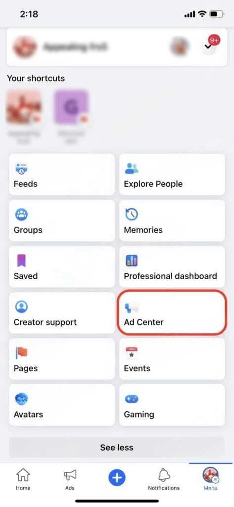 'ad center' tab