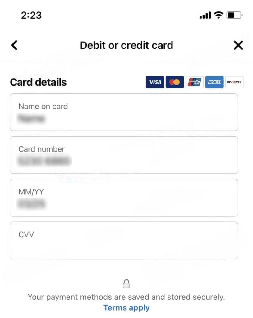 'debit or credit card' section