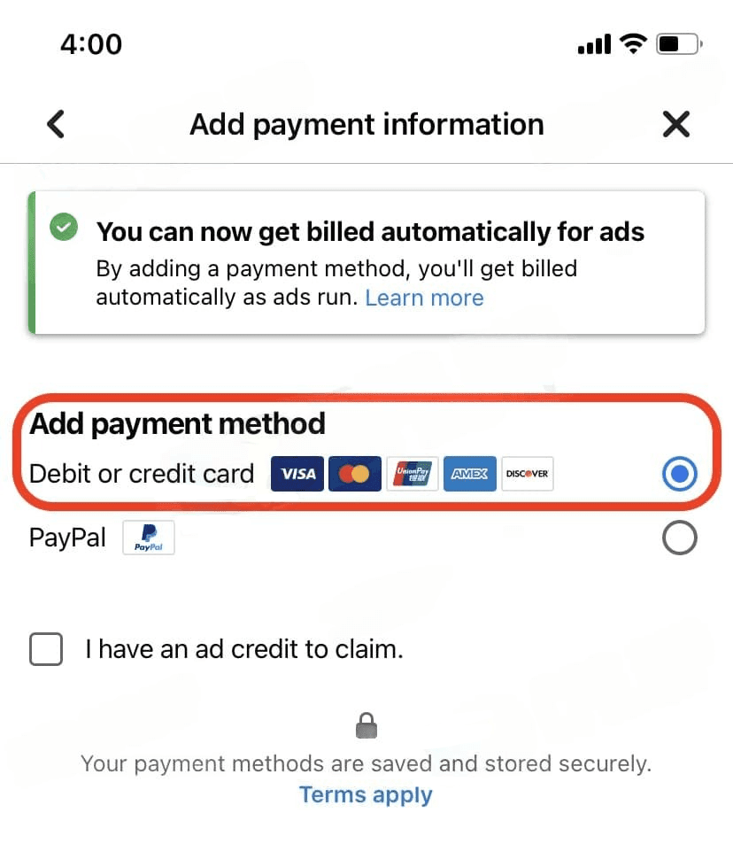 'add payment method' button