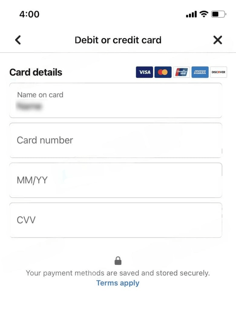 'debit or credit card' section