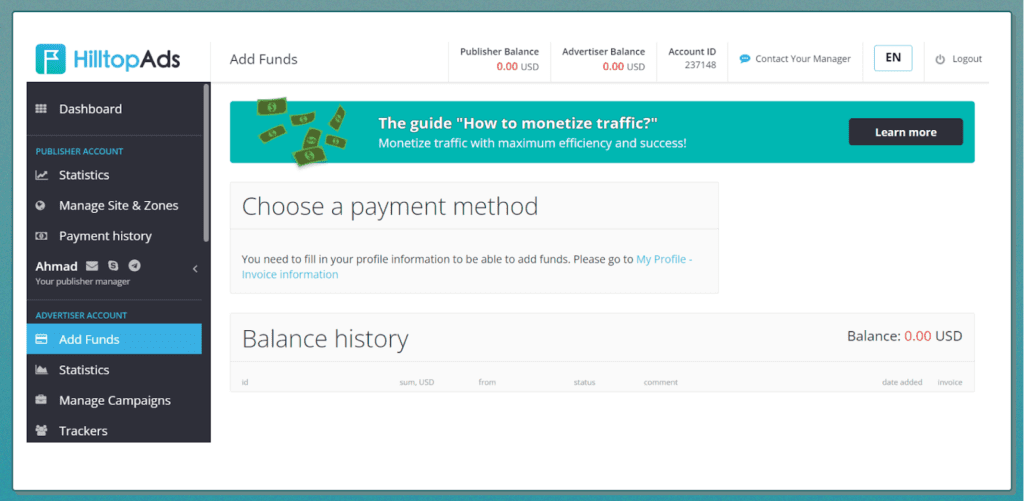 AffDays adding funds in the advertiser's account