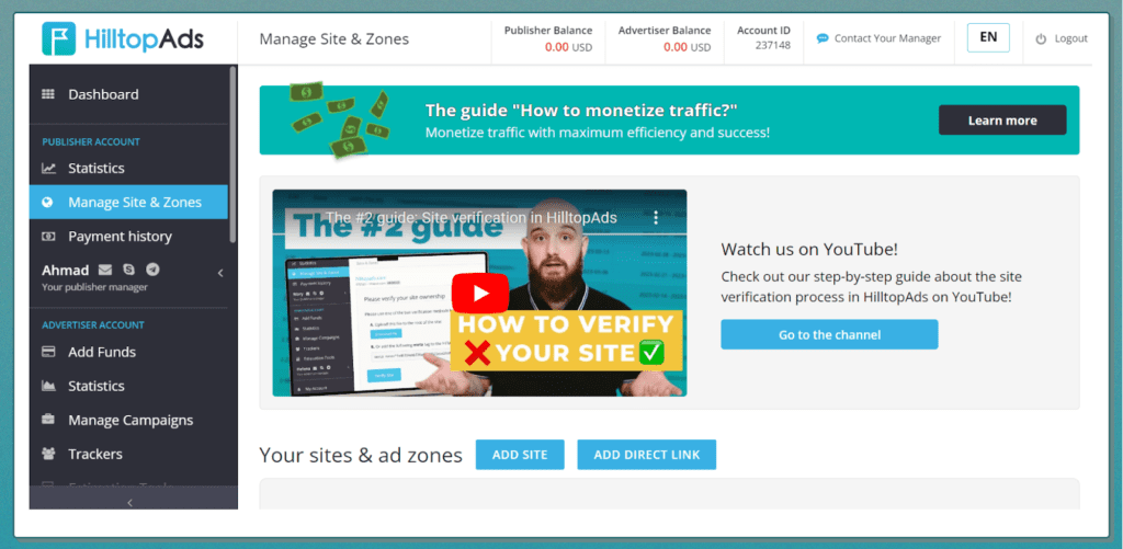 AffDays manage site & zones tab
