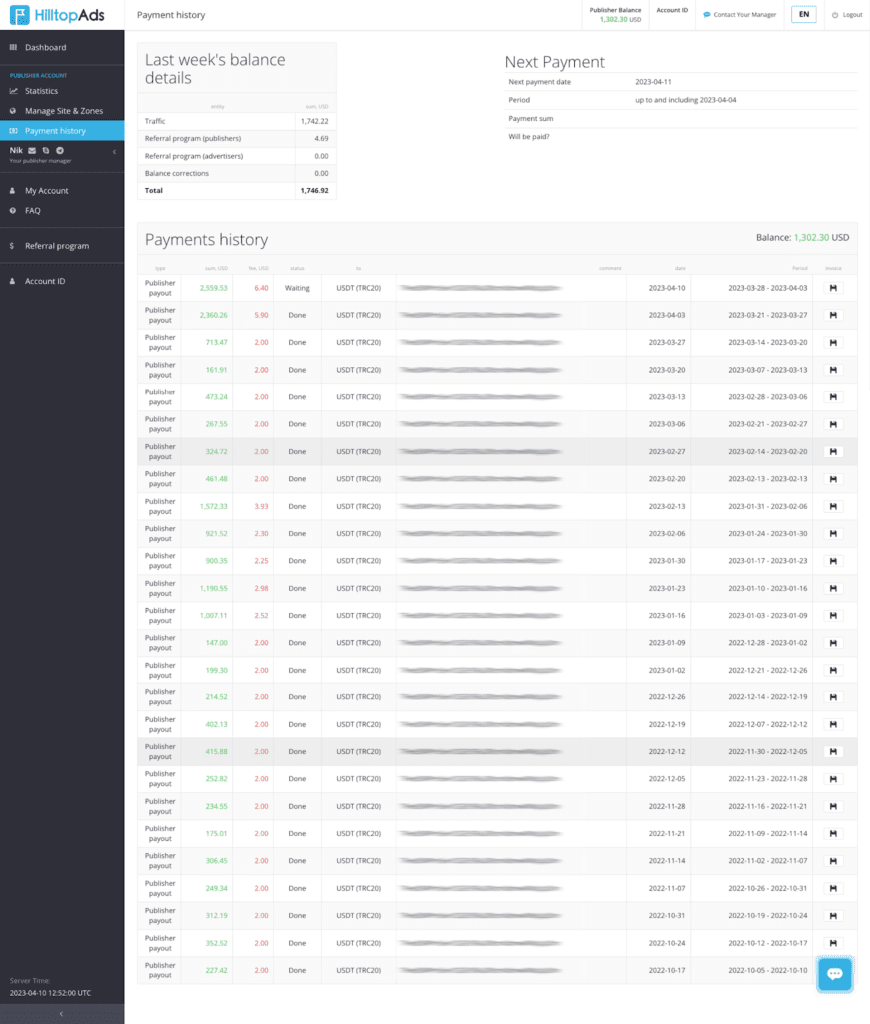 AffDays payment history tab