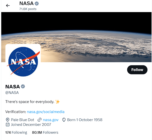 NASA’s profile on Twitter (X)