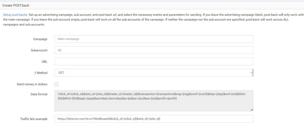 postback creation window