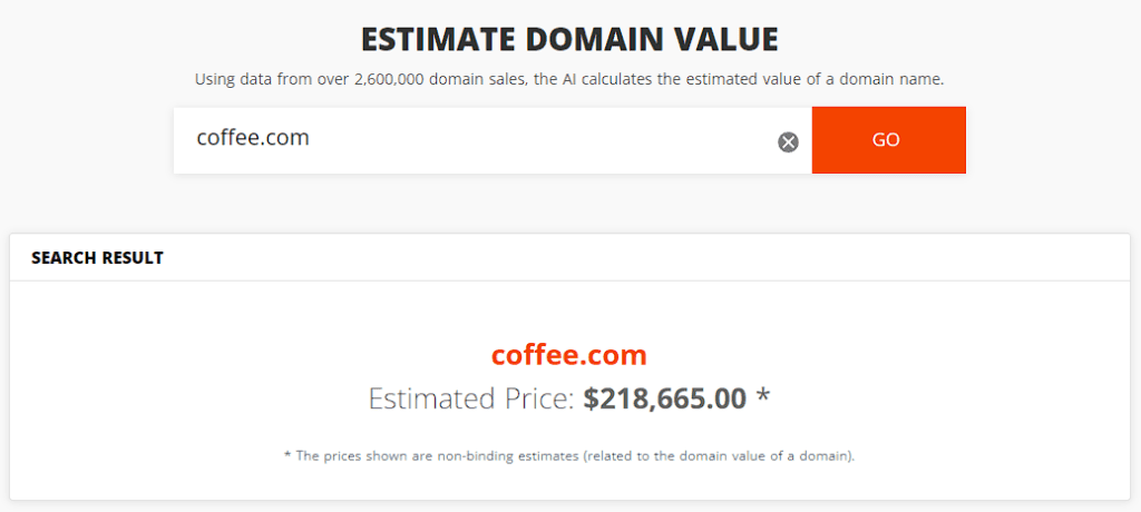 How To Sell a Domain Name: 6 Easy Steps + 8 Places to Sell Domains 2 example of domain estimation