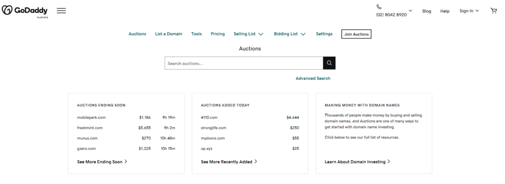 How To Sell a Domain Name: 6 Easy Steps + 8 Places to Sell Domains 8 godaddy auction main page