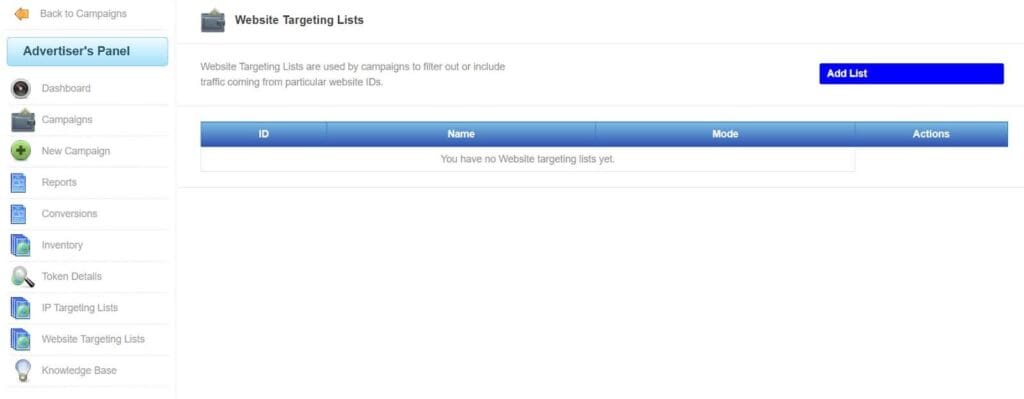 website targeting list section