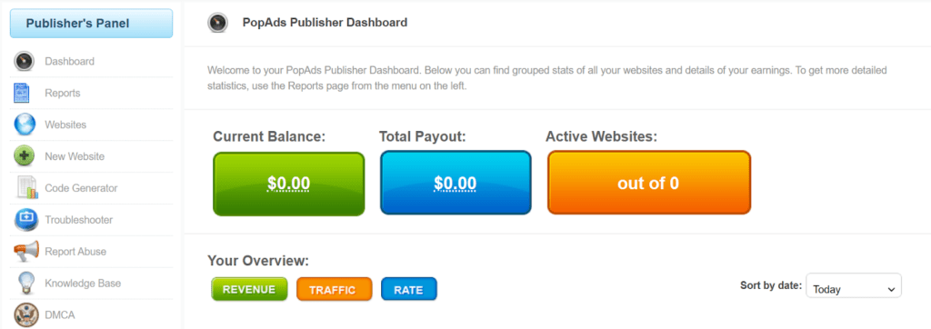 PopAds Publisher dashboard