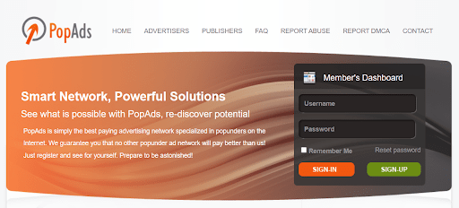 PopAds ad network main page