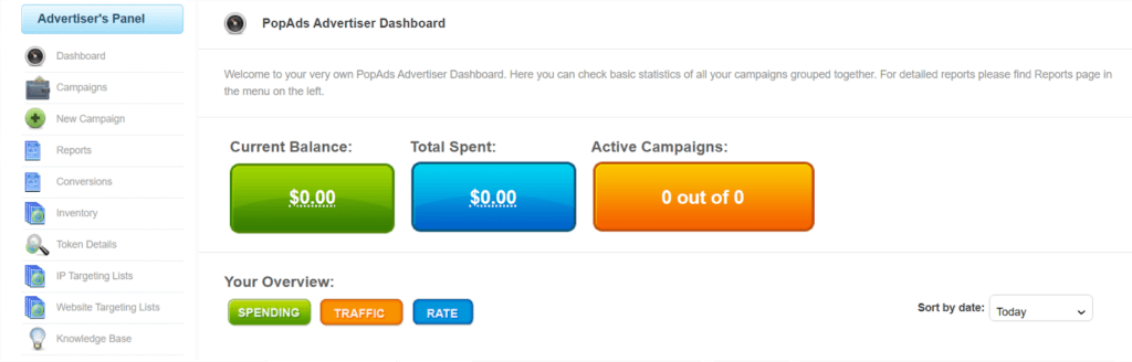PopAds advertiser dashboard