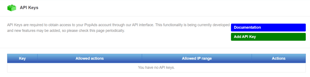 API keys section