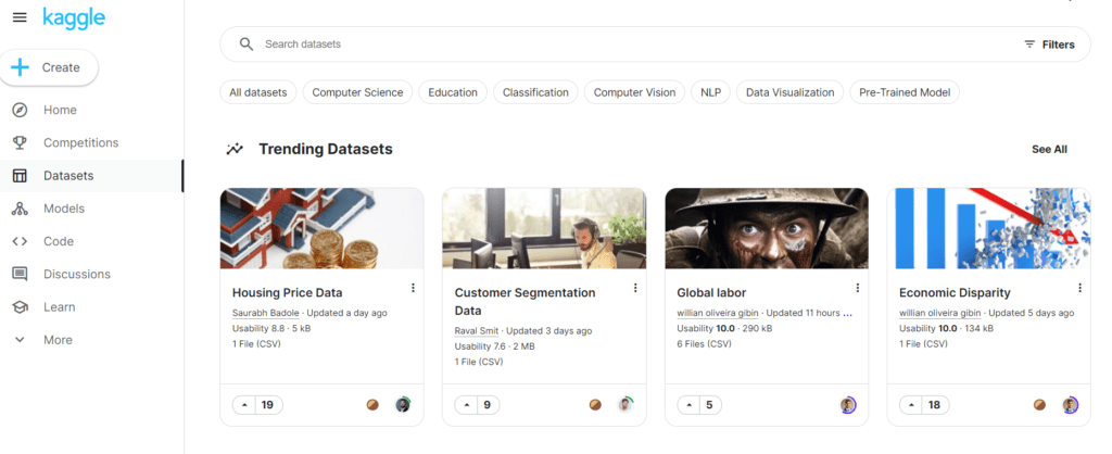Search page for Kaggle Datasets