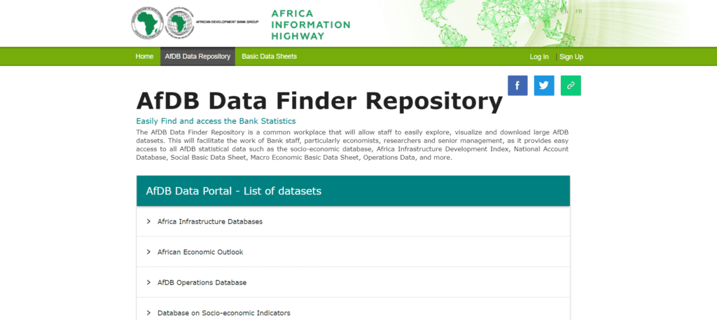 Homepage of AfDb Data Finder Repository