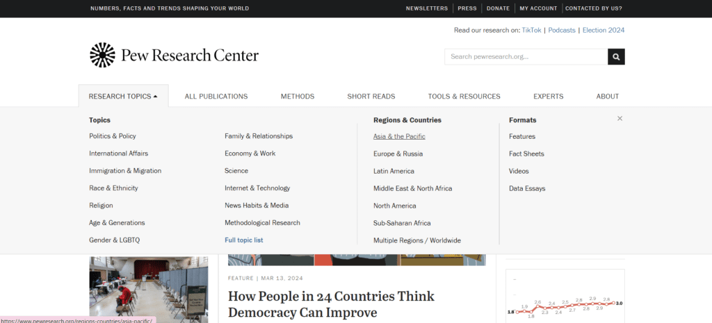 Homepage of Pew Research