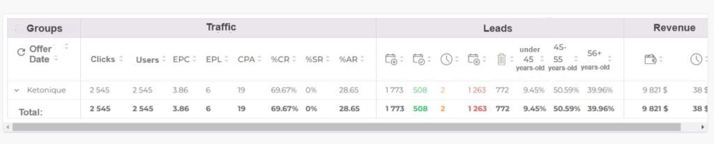 screenshot of the affiliate program statistics