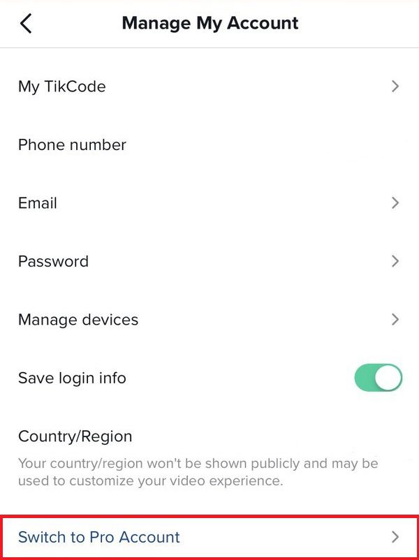 tiktok "manage my account' section