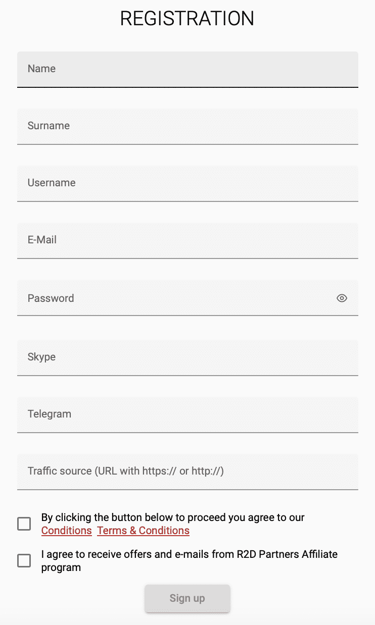 Registration in the R2D Partners Affiliate Program