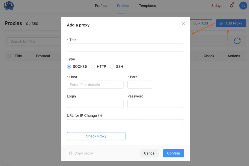 'new proxy' section in octo browser