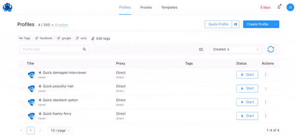 profiles creation in octo browser