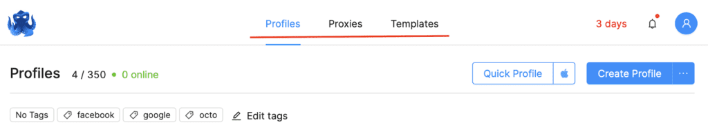 profiles section in octo browser