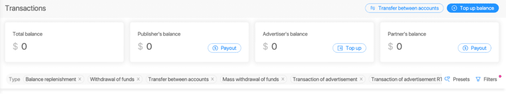 transactions section with overall balance, etc