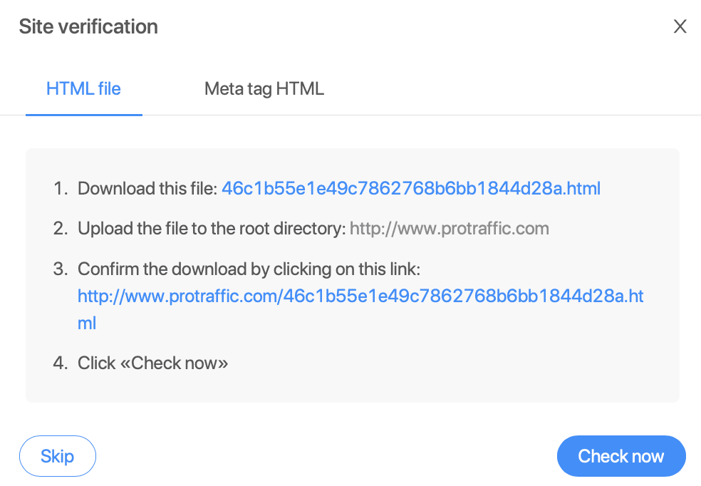 site verification window