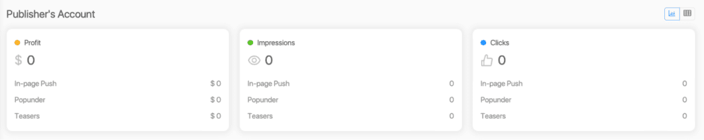 a dashboard in publisher's account