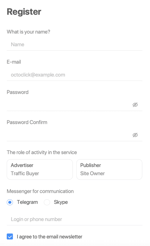 registration window in the octoclick ad network